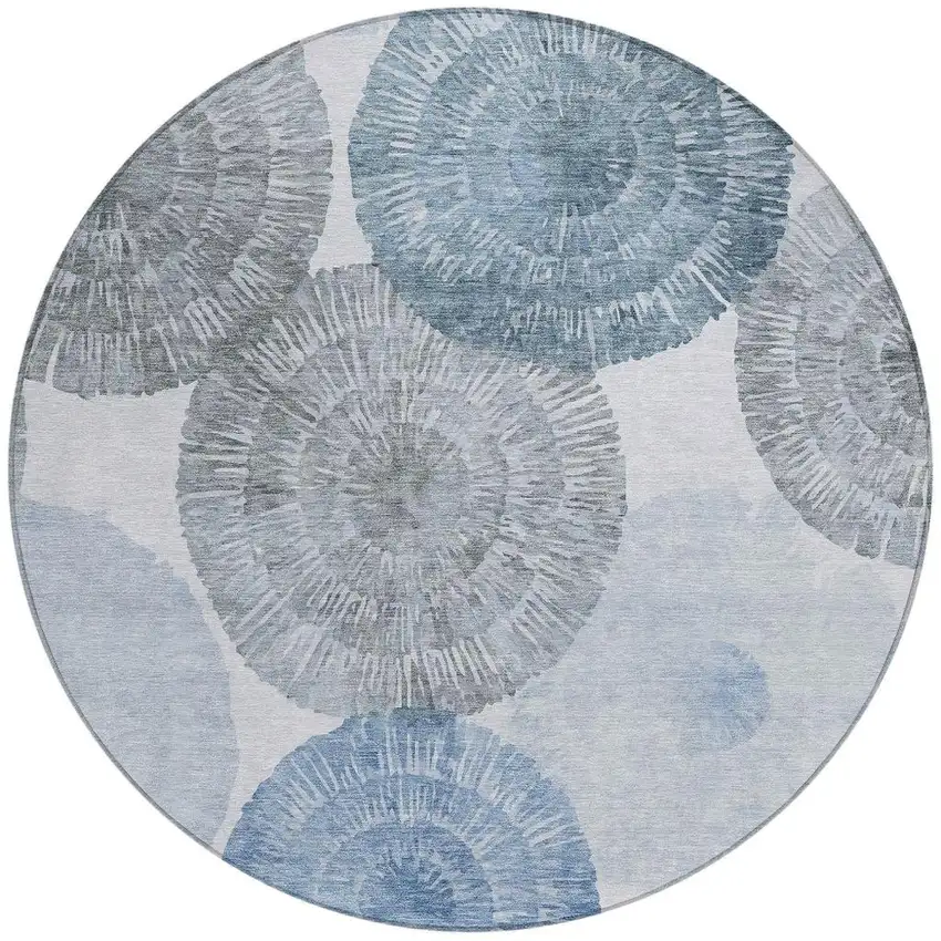 8' Denim Blue Ivory And Gray Round Abstract Washable Indoor Outdoor Area Rug Photo 4