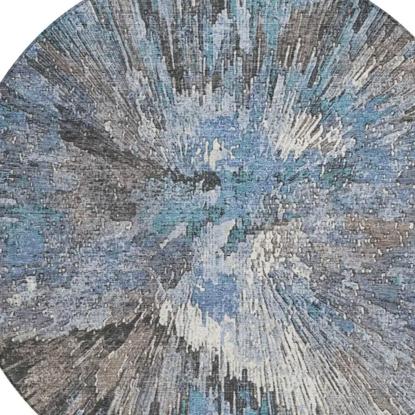 8' Denim Blue Ivory And Gray Round Abstract Washable Indoor Outdoor Area Rug Photo 7
