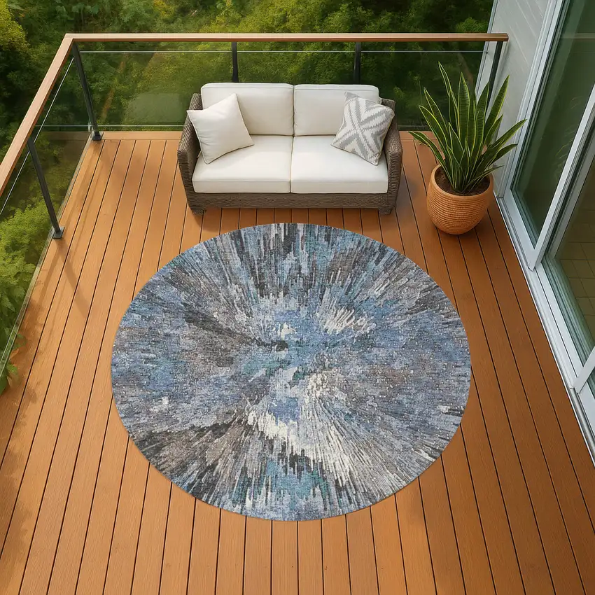 8' Denim Blue Ivory And Gray Round Abstract Washable Indoor Outdoor Area Rug Photo 8