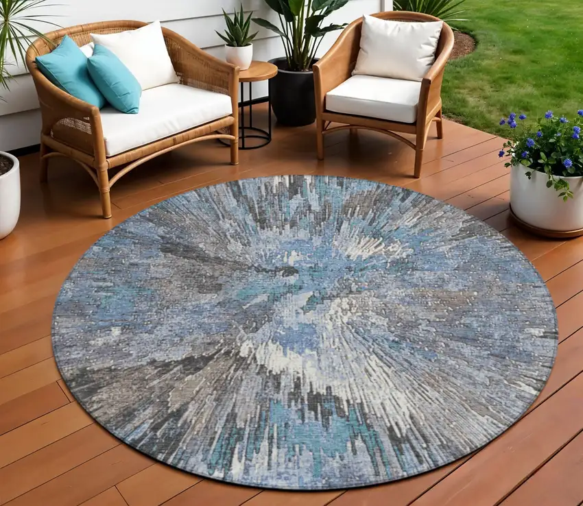 8' Denim Blue Ivory And Gray Round Abstract Washable Indoor Outdoor Area Rug Photo 1