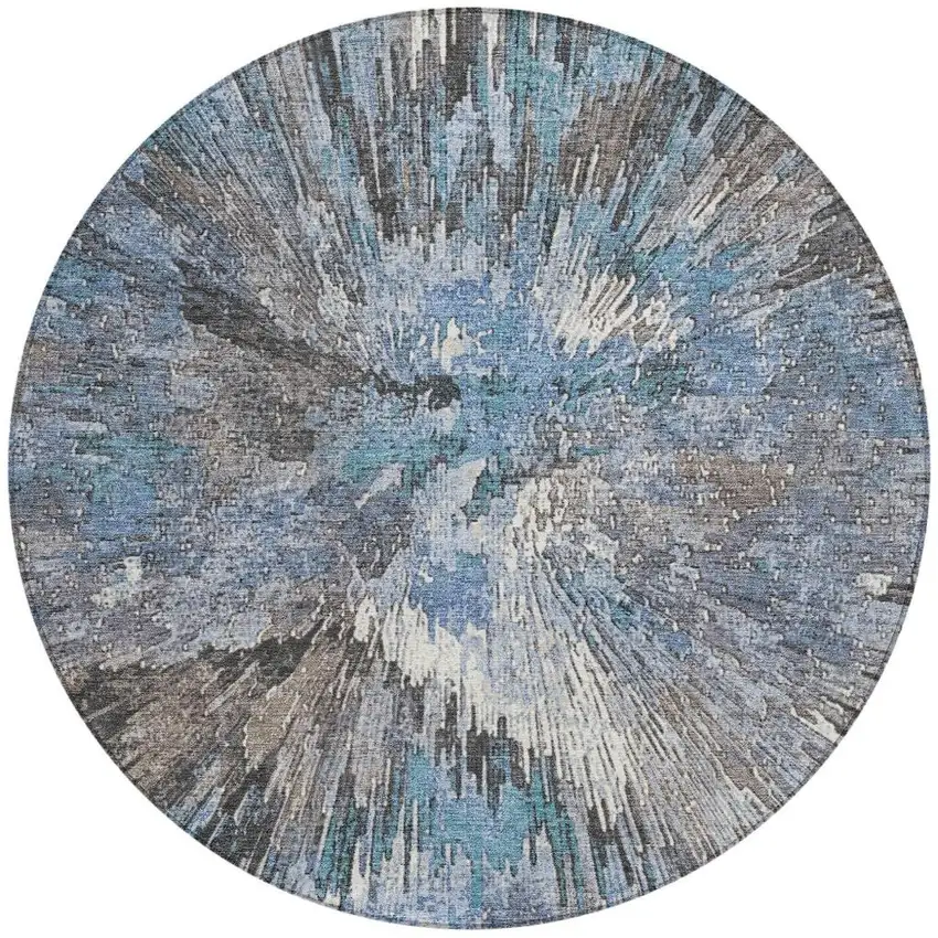 8' Denim Blue Ivory And Gray Round Abstract Washable Indoor Outdoor Area Rug Photo 5