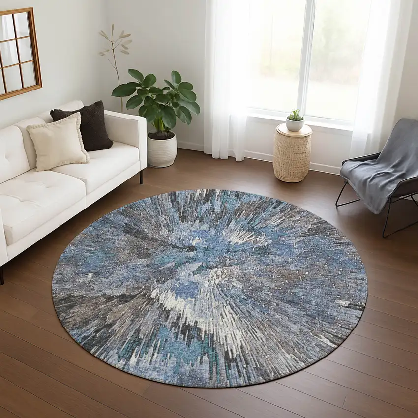 8' Denim Blue Ivory And Gray Round Abstract Washable Indoor Outdoor Area Rug Photo 9