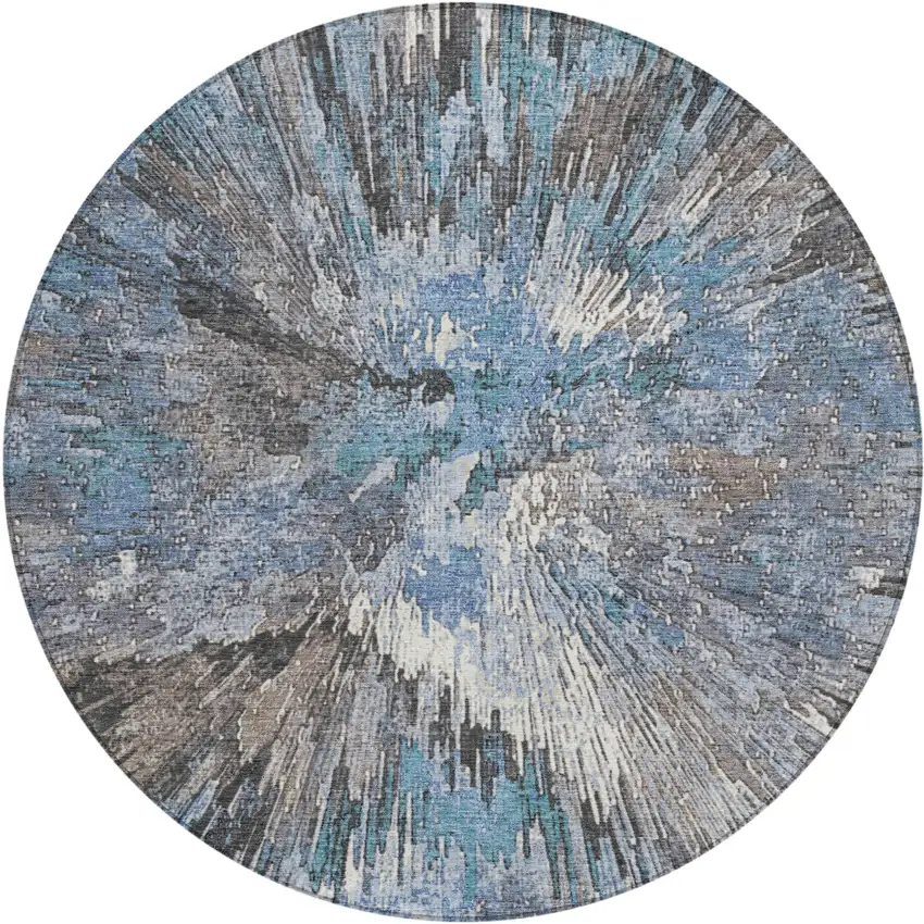 8' Denim Blue Ivory And Gray Round Abstract Washable Indoor Outdoor Area Rug Photo 2