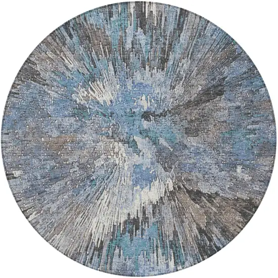 8' Denim Blue Ivory And Gray Round Abstract Washable Indoor Outdoor Area Rug Photo 4
