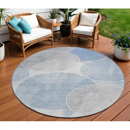 8' Denim Blue Ivory And Gray Round Geometric Washable Indoor Outdoor Area Rug Photo 1