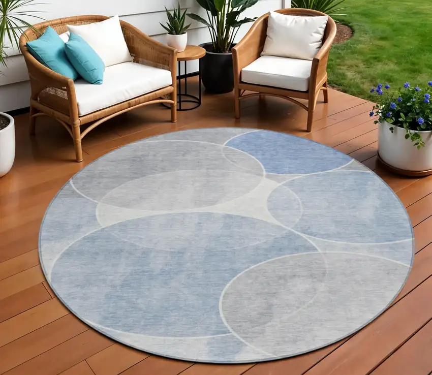 8' Denim Blue Ivory And Gray Round Geometric Washable Indoor Outdoor Area Rug Photo 1