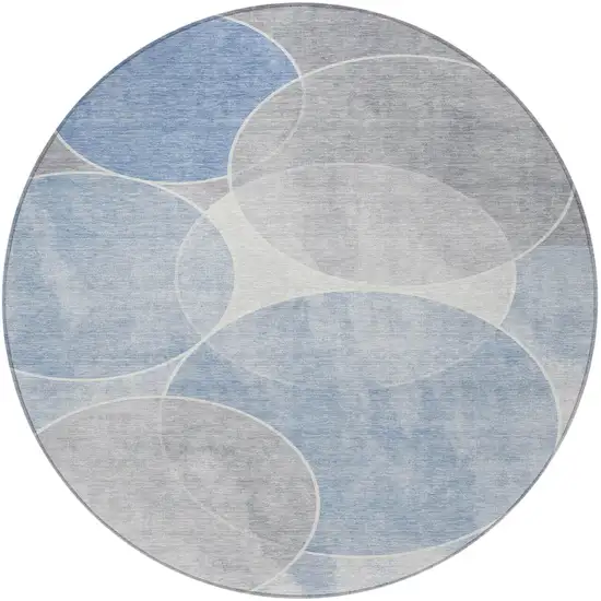8' Denim Blue Ivory And Gray Round Geometric Washable Indoor Outdoor Area Rug Photo 5