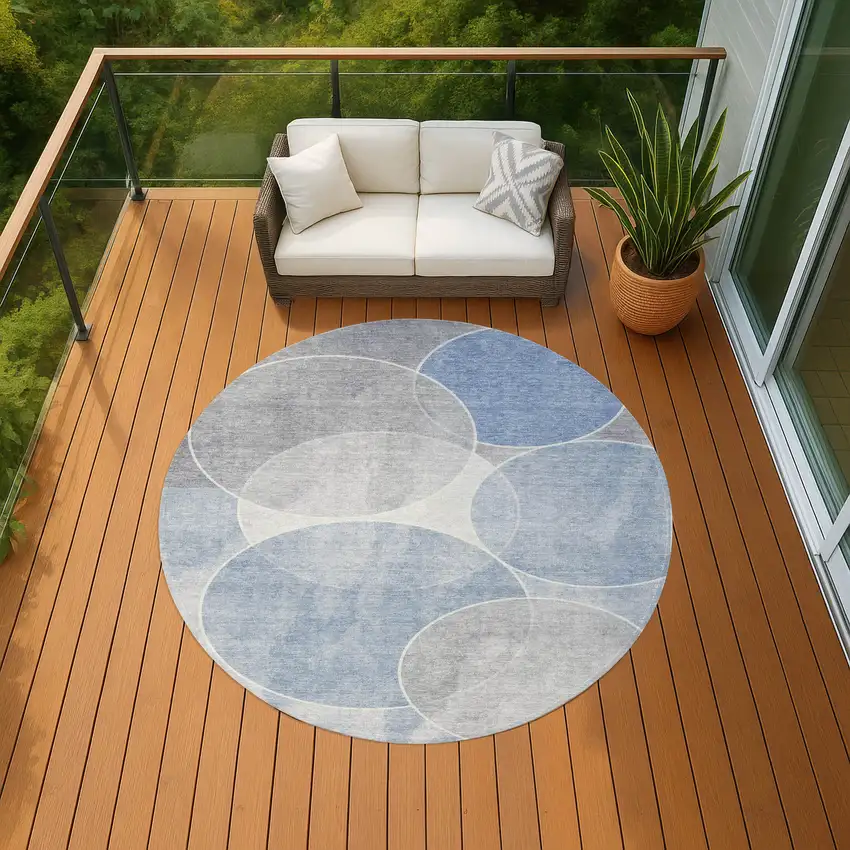 8' Denim Blue Ivory And Gray Round Geometric Washable Indoor Outdoor Area Rug Photo 8