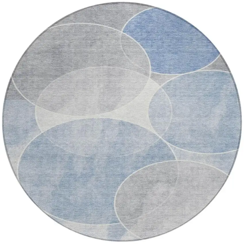 8' Denim Blue Ivory And Gray Round Geometric Washable Indoor Outdoor Area Rug Photo 4