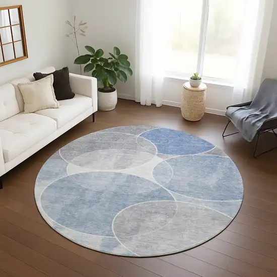 8' Denim Blue Ivory And Gray Round Geometric Washable Indoor Outdoor Area Rug Photo 9