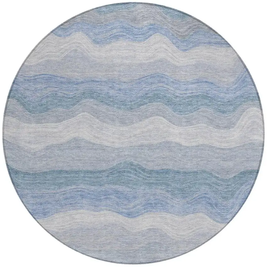 8' Denim Blue Ivory And Gray Round Striped Washable Indoor Outdoor Area Rug Photo 3