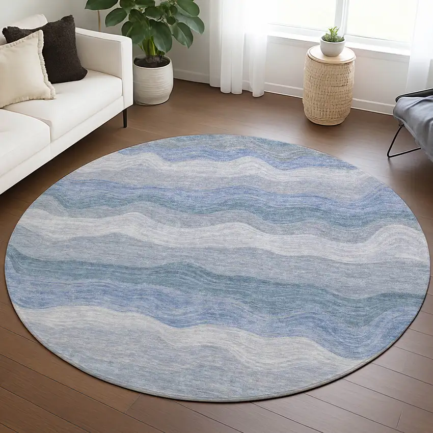 8' Denim Blue Ivory And Gray Round Striped Washable Indoor Outdoor Area Rug Photo 5