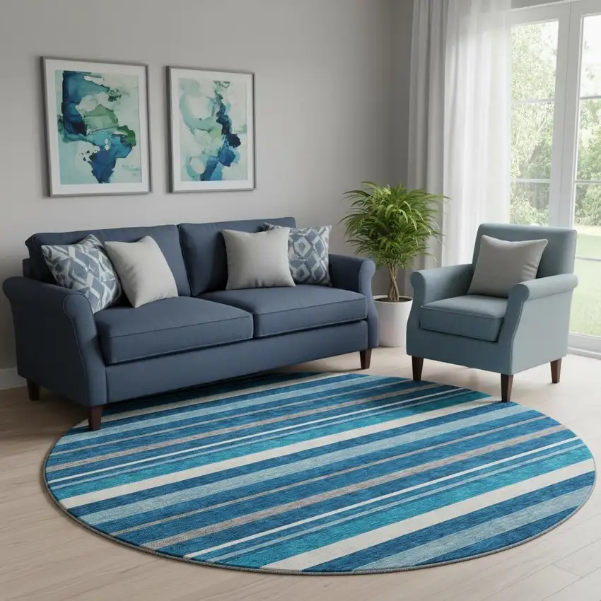 8' Denim Blue Ivory And Gray Striped Washable Round Rug With UV Protection Photo 1