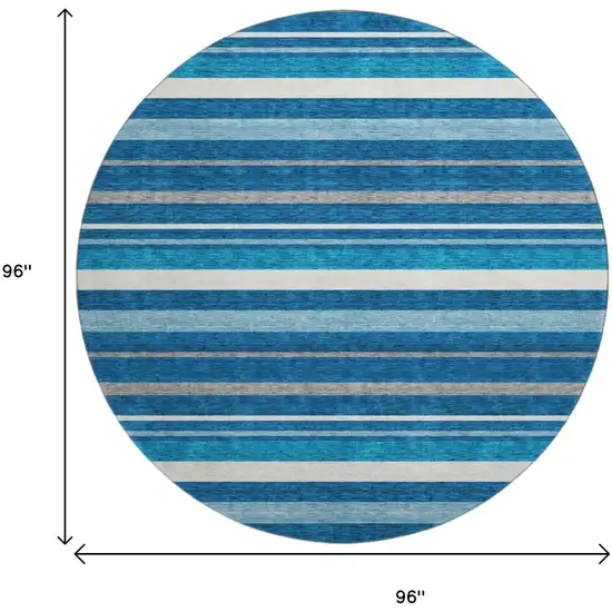 8' Denim Blue Ivory And Gray Striped Washable Round Rug With UV Protection Photo 8
