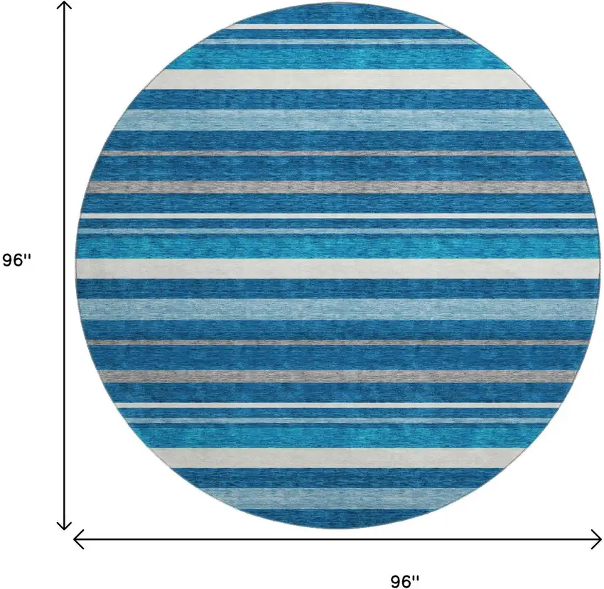 8' Denim Blue Ivory And Gray Striped Washable Round Rug With UV Protection Photo 8