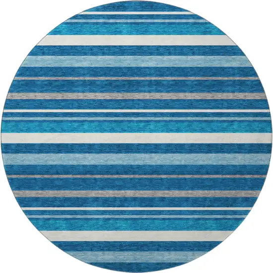 8' Denim Blue Ivory And Gray Striped Washable Round Rug With UV Protection Photo 4