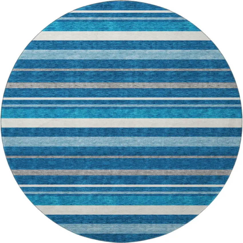 8' Denim Blue Ivory And Gray Striped Washable Round Rug With UV Protection Photo 4