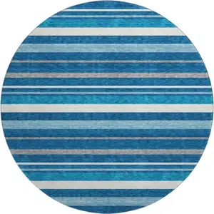 Photo of 8' Denim Blue Ivory And Gray Striped Washable Round Rug With UV Protection