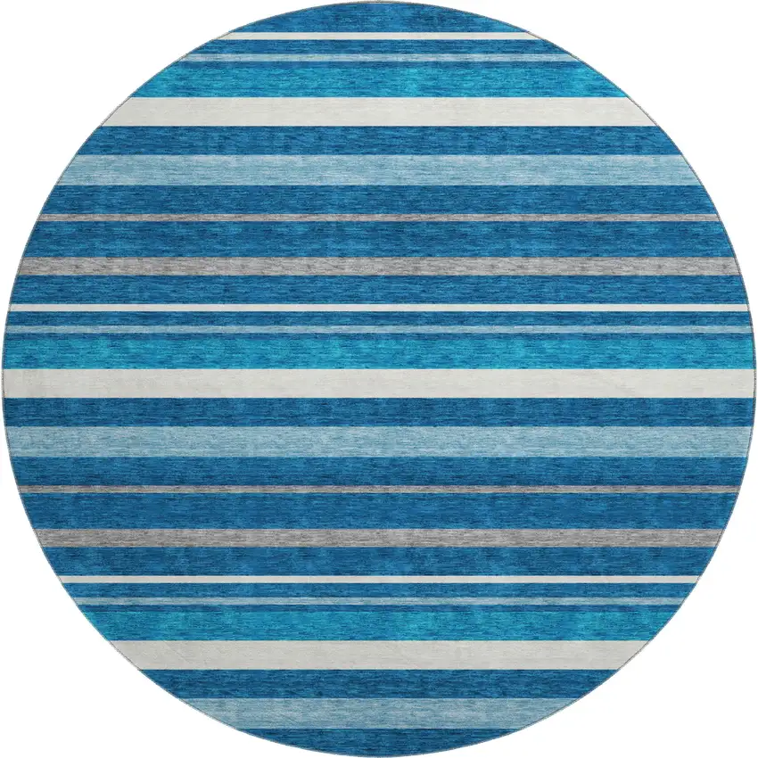 8' Denim Blue Ivory And Gray Striped Washable Round Rug With UV Protection Photo 1