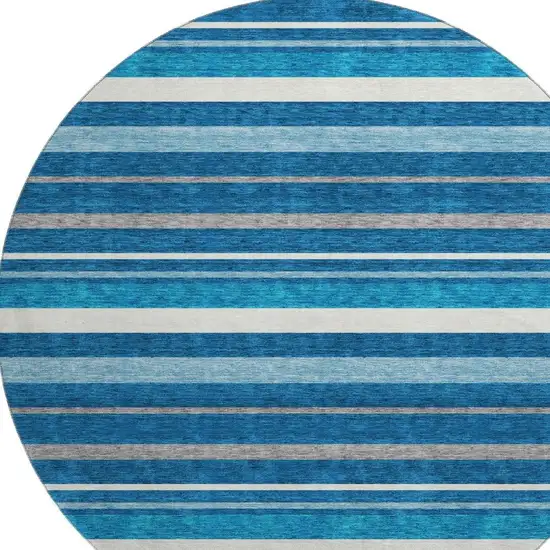 8' Denim Blue Ivory And Gray Striped Washable Round Rug With UV Protection Photo 3