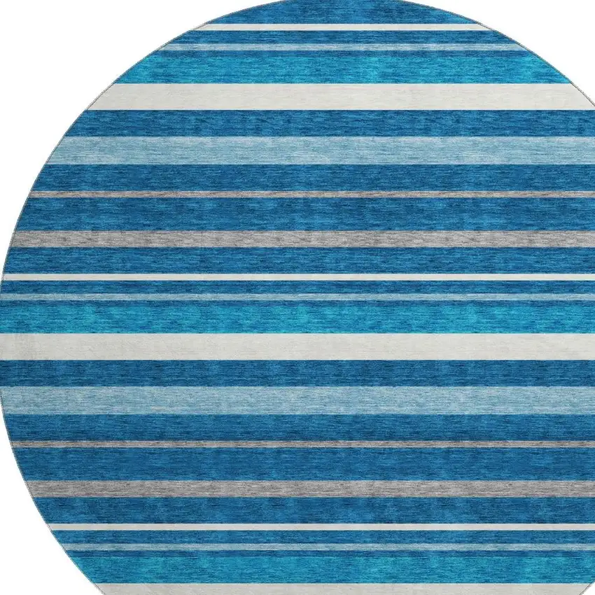 8' Denim Blue Ivory And Gray Striped Washable Round Rug With UV Protection Photo 3