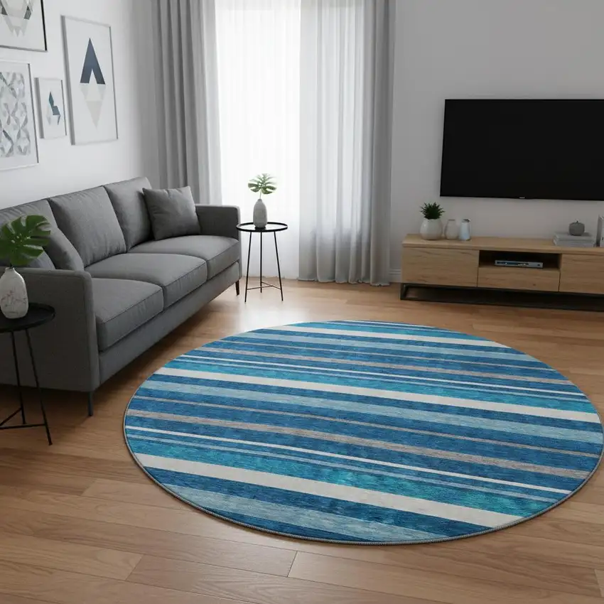 8' Denim Blue Ivory And Gray Striped Washable Round Rug With UV Protection Photo 2