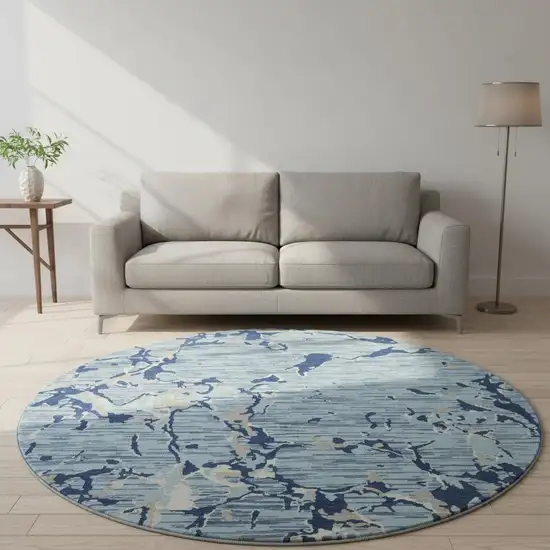 8' Denim Blue Ivory And Gray Striped Washable Round Rug With UV Protection Photo 2