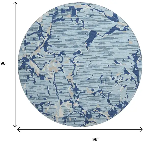 8' Denim Blue Ivory And Gray Striped Washable Round Rug With UV Protection Photo 8