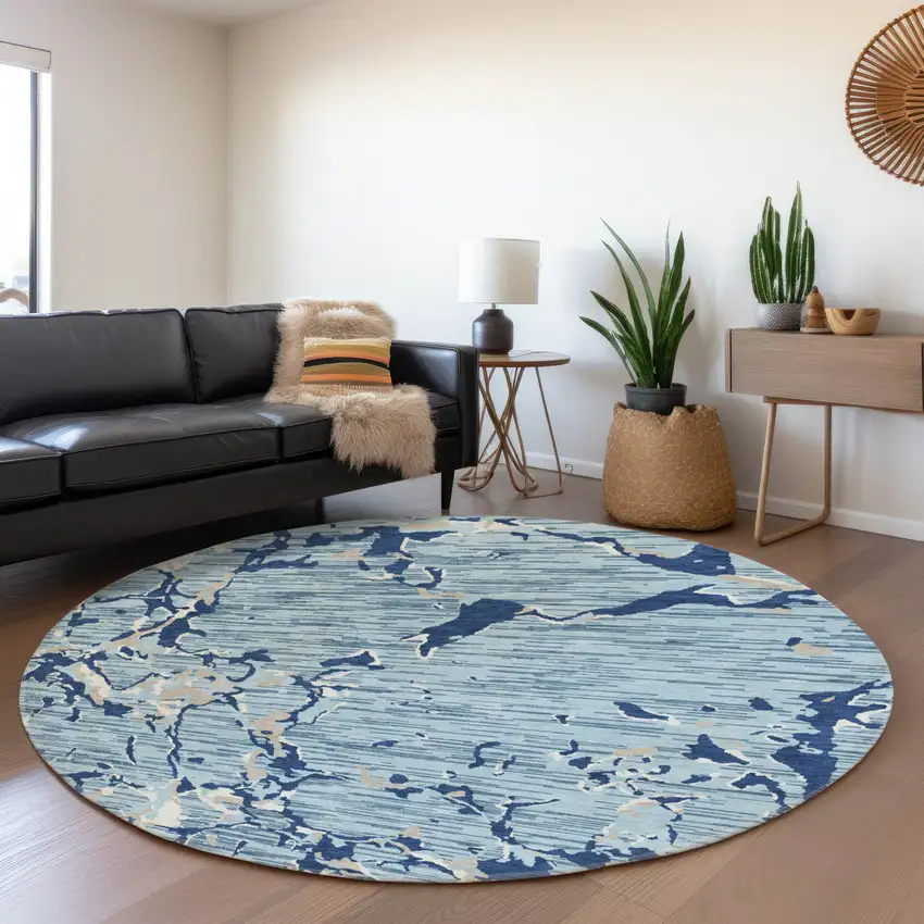 8' Denim Blue Ivory And Gray Striped Washable Round Rug With UV Protection Photo 3