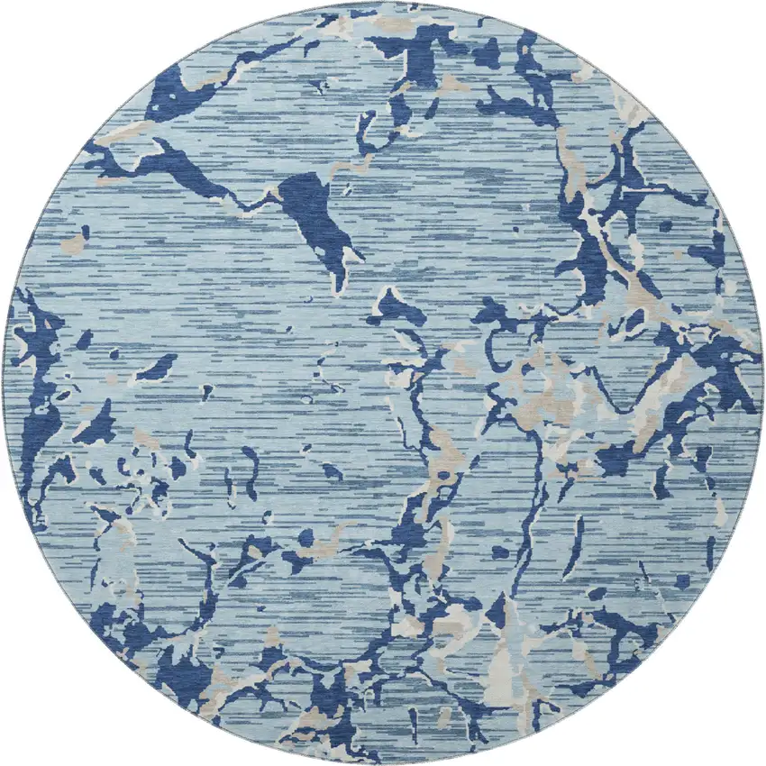 8' Denim Blue Ivory And Gray Striped Washable Round Rug With UV Protection Photo 2