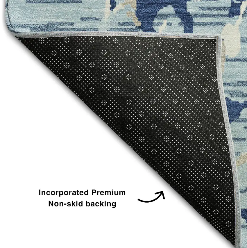 8' Denim Blue Ivory And Gray Striped Washable Round Rug With UV Protection Photo 4