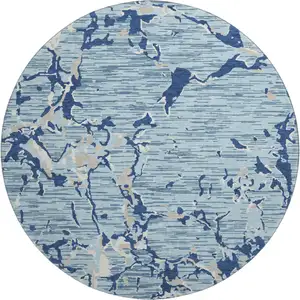 Photo of 8' Denim Blue Ivory And Gray Striped Washable Round Rug With UV Protection