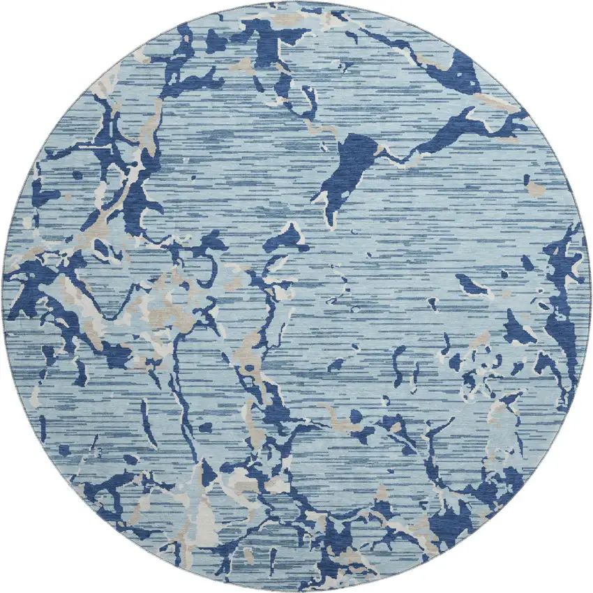 8' Denim Blue Ivory And Gray Striped Washable Round Rug With UV Protection Photo 1