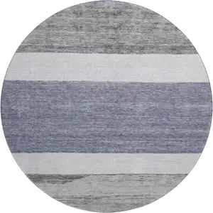 Photo of 8' Denim Blue Ivory And Gray Striped Washable Round Rug With UV Protection