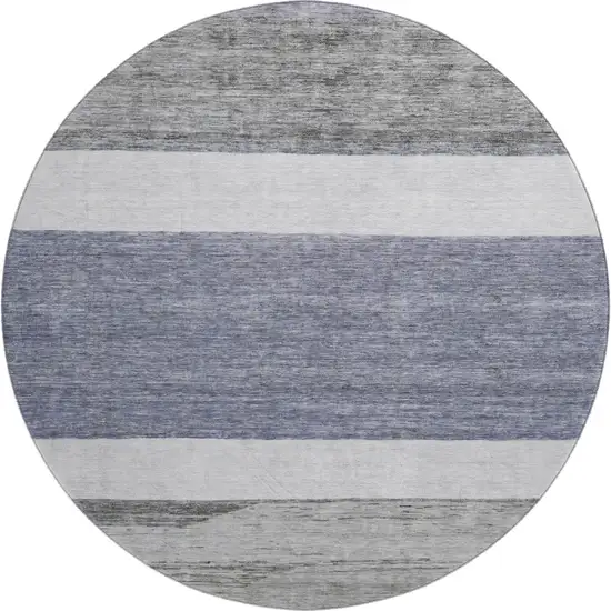 8' Denim Blue Ivory And Gray Striped Washable Round Rug With UV Protection Photo 1