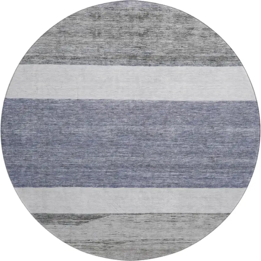 8' Denim Blue Ivory And Gray Striped Washable Round Rug With UV Protection Photo 1