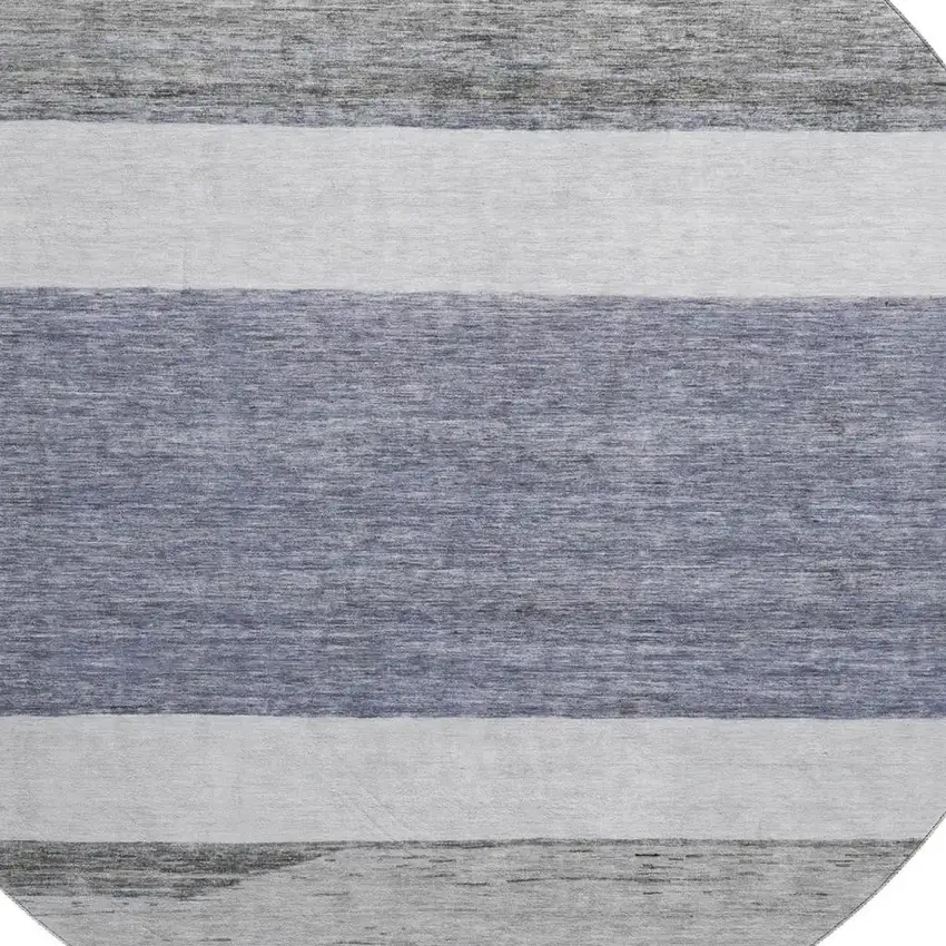 8' Denim Blue Ivory And Gray Striped Washable Round Rug With UV Protection Photo 2