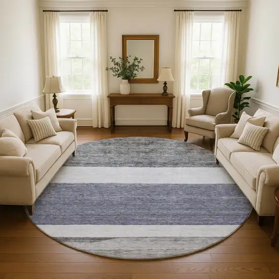 8' Denim Blue Ivory And Gray Striped Washable Round Rug With UV Protection Photo 4