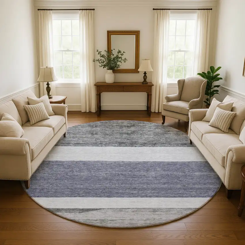 8' Denim Blue Ivory And Gray Striped Washable Round Rug With UV Protection Photo 4