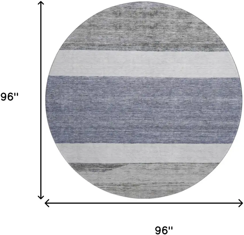 8' Denim Blue Ivory And Gray Striped Washable Round Rug With UV Protection Photo 9