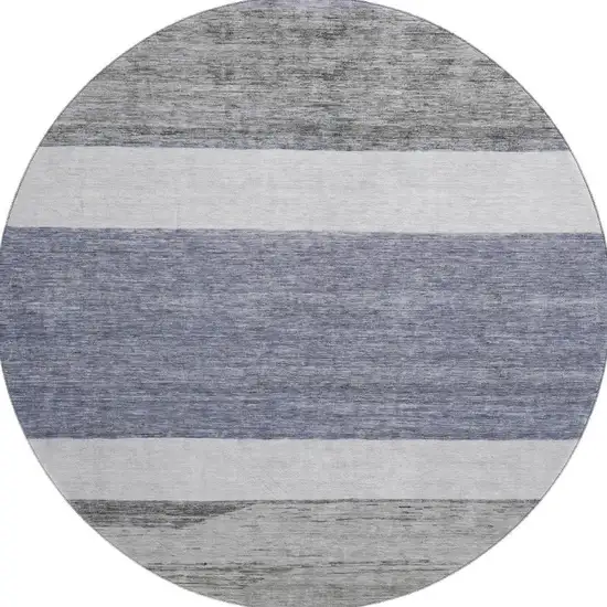 8' Denim Blue Ivory And Gray Striped Washable Round Rug With UV Protection Photo 3