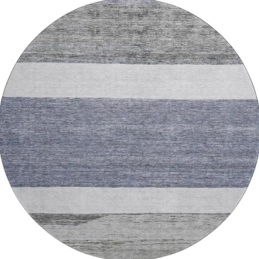 8' Denim Blue Ivory And Gray Striped Washable Round Rug With UV Protection Photo 3