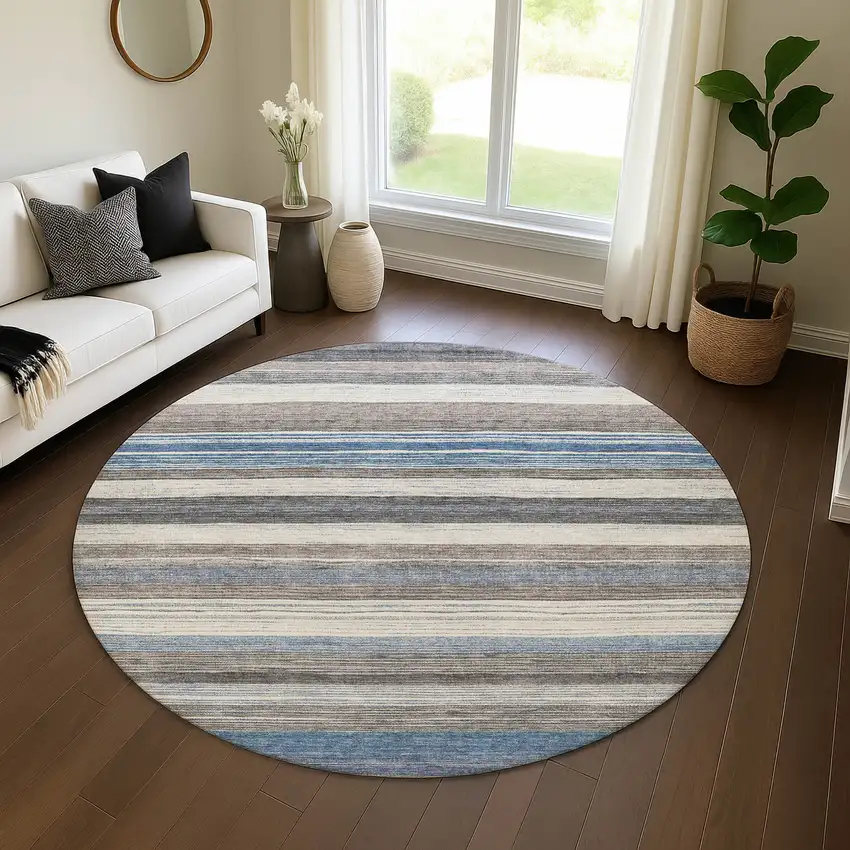 8' Denim Blue Ivory And Gray Striped Washable Round Rug With UV Protection Photo 2