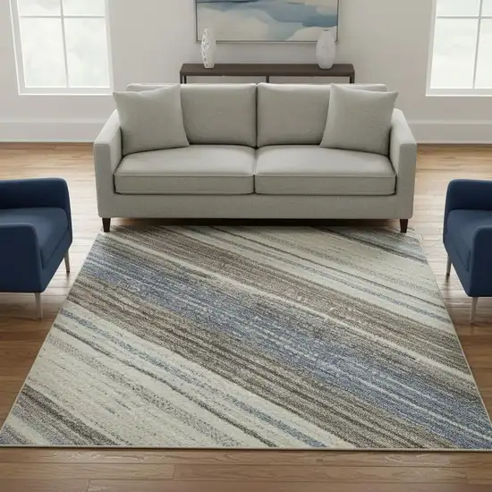 8' Denim Blue Ivory And Gray Striped Washable Round Rug With UV Protection Photo 2