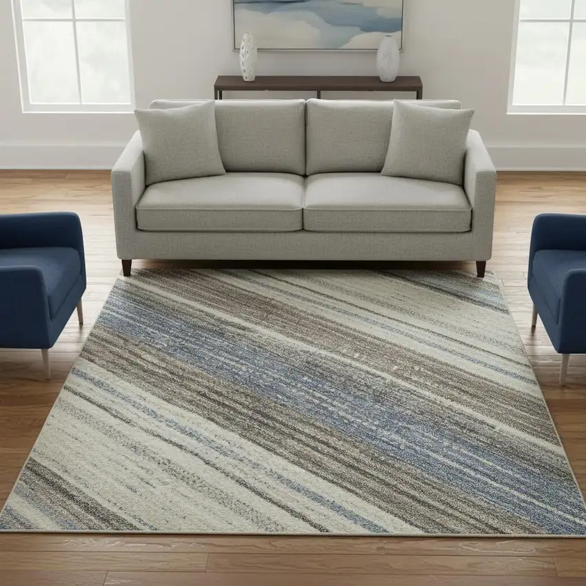 8' Denim Blue Ivory And Gray Striped Washable Round Rug With UV Protection Photo 2