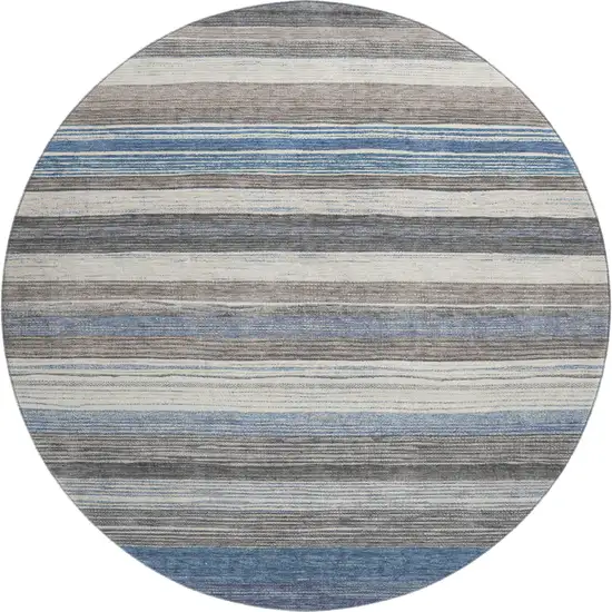 8' Denim Blue Ivory And Gray Striped Washable Round Rug With UV Protection Photo 3