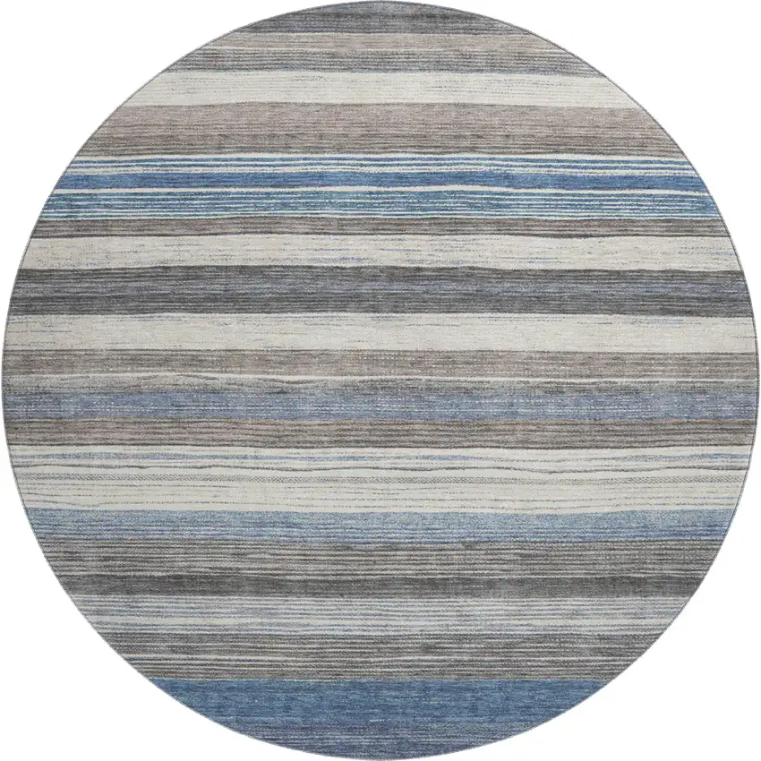 8' Denim Blue Ivory And Gray Striped Washable Round Rug With UV Protection Photo 3