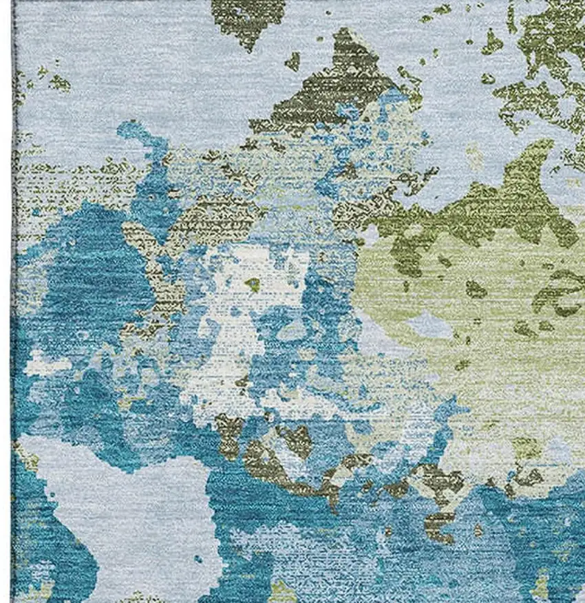 8' Denim Blue Ivory And Green Abstract Washable Area Rug With UV Protection Photo 3