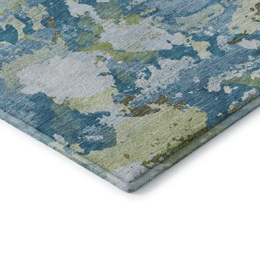 8' Denim Blue Ivory And Green Abstract Washable Area Rug With UV Protection Photo 7