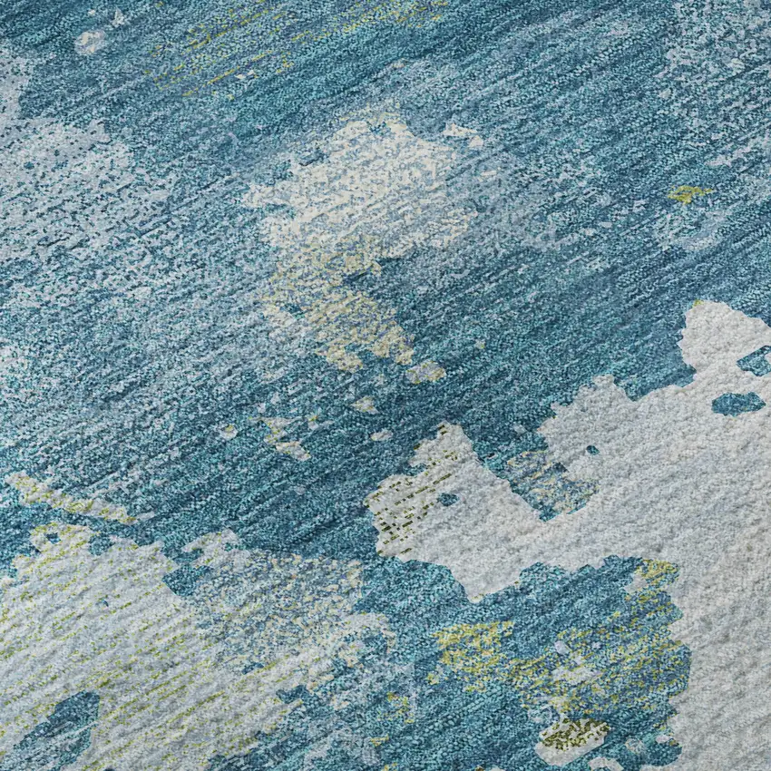 8' Denim Blue Ivory And Green Abstract Washable Area Rug With UV Protection Photo 9